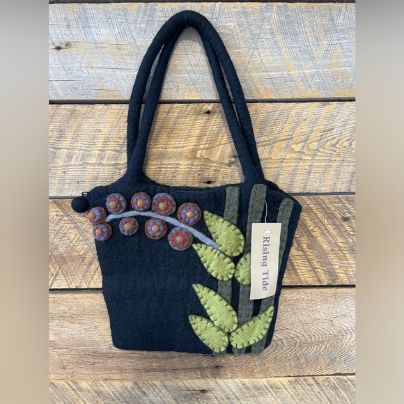 Rising Tide Handbags - Rising Tide Hand Stitched Felted Wool Shoulder Bag Floral Black Made In Nepal